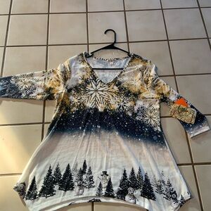 Women's Festive Snowflake and Tree Print Top - Multicolor